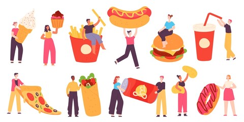 People with fast food. Tiny characters hold pizza, burger, hot dog, soda drink, potato chips and sweet dessert. Flat street food vector set