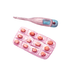 Medical pill or tablets isolated on a white background. Tablets or pillsin jar. Pink pills in a blue jar. The illustration is drawn in watercolor by hand.