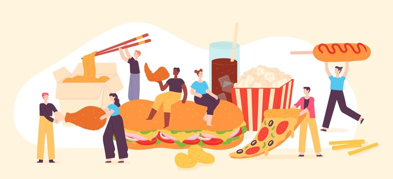 People Eat Fast Food. Tiny Men And Women Enjoy Junk Foods, Pizza, Popcorn, Chips And Fried Chicken. Tasty Street Cafe Meal Vector Concept