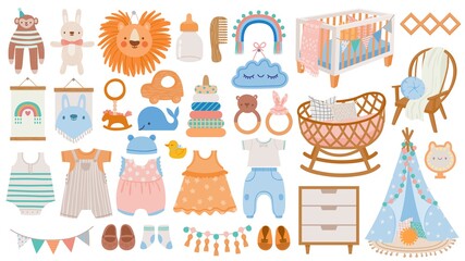Baby furniture and clothes. Nursery elements, animal toys, decor, cradles, rattles and newborn accessories in scandinavian style vector set