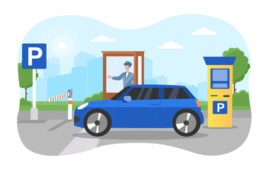 Car parking concept. The car passes through a restrictive barrier to the parking lot. The employee allows entry to the territory. Cartoon is a flat vector illustration isolated on a white background