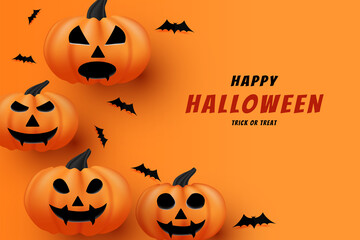 Happy Halloween With Flat Black Bat Decoration Real Pumpkin