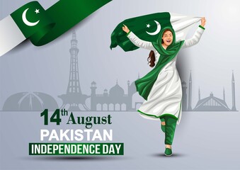 happy independence day 15th August, girl running with Pakistani flag. vector illustration. greeting card design