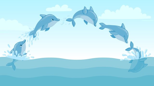 Dolphin jump out of water. Cartoon marine landscape with jumping dolphins and splashes. Cute ocean dolphin character vector animation frames