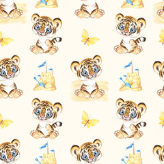 Watercolor pattern with cute little tiger cubs, pattern for baby linen, cartoon tiger cubs 
