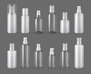Spray bottles. Realistic cosmetic aerosol, deodorant or sprayer clear bottle package mockups. 3d plastic cream dispenser with cap vector set - obrazy, fototapety, plakaty