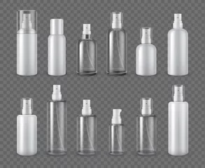 Foto op Aluminium Spray bottles. Realistic cosmetic aerosol, deodorant or sprayer clear bottle package mockups. 3d plastic cream dispenser with cap vector set © Tartila