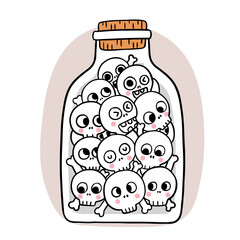 Cartoon cute hand draw many head skeletion, Halloween day vector.