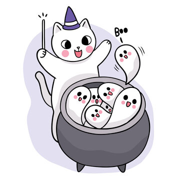 Cartoon cute hand draw witch cat and postion ghost, Halloween day vector.