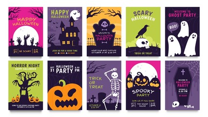 Posters for halloween party. Horror movie night flyer, ticket and trick or treat invitation with skeleton, zombie, scary pumpkin vector set