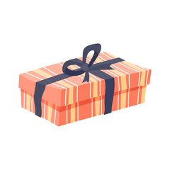 Vector cartoon illustration of a gift box. Festive wrap striped packaging and knotted ribbon bow. Secret boxes with a surprise for Christmas or birthday.