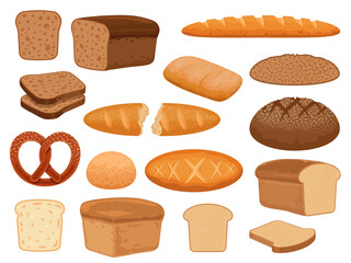 Cartoon bread products. Toast slice, baked french baguette, wheat and whole grain loaf, pretzel and ciabatta. Fresh bakery pastry vector set