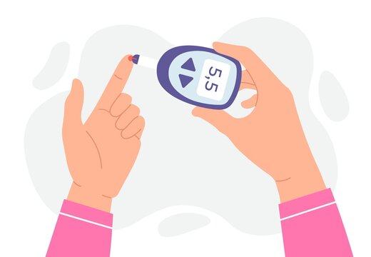 Blood glucose test. Hands hold glucometer and measures sugar level by finger stick. Diabetes monitoring and analysis device vector concept