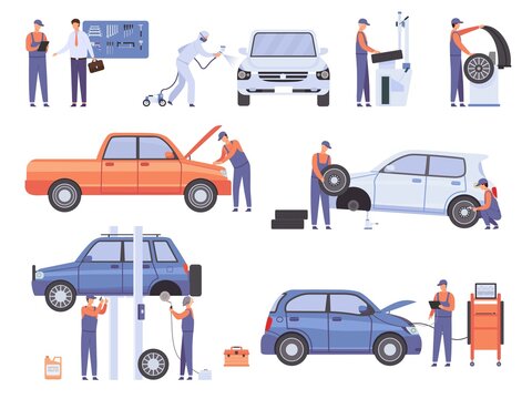 Car repair service workers. Mechanic in automobile workshop change wheels and fix damage vehicle. Cars maintenance center people vector set