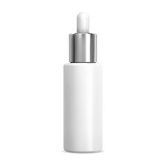 Serum dropper cosmetic bottle, white pipette flask mockup, isolated 3d vector container. Natural essence drop vial, white glass with silver. Face treatment, medicine pack illustration