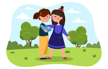 Obraz na płótnie Canvas Little girls are friends. Girl in a dress comforts a crying friend. A quarrel between best friends. Children walk and play in the park. Cartoon flat vector illustration isolated on a white background