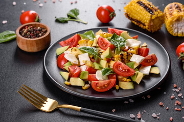 Delicious fresh salad with tomatoes, avocado, cheese and grilled corn with olive oil