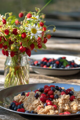 Oatmeal with blueberries and strawberries for breakfast. Summer background. Camping utensils.