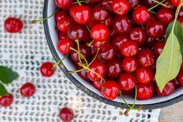 red ripe cherries in a plate on the table