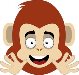 Vector emoticon illustration of the face of a cartoon monkey or chimpanzee waving with his hands