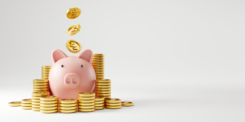 Pink piggy bank and heap of US dollar gold coins falling on pink background for money saving and deposit concept , creative ideas by 3D rendering technique. - obrazy, fototapety, plakaty