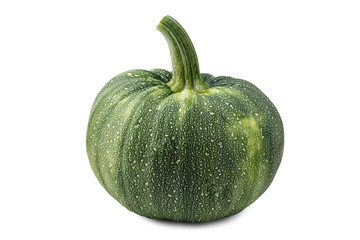 A round green zucchini, covered with yellow spots, with a long tail, isolated on white with a slight shadow.