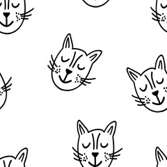 Seamless vector pattern with hand drawn cute smiling cat head in doodle style,kids illustration for interior design,baby textile, animal print for wallpaper,fabric,kitten with closed eyes