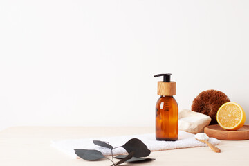 Zero waste, sustainable and eco-friendly lifestyle. Set of eco friendly natural cleaning products on white background. Close up, copy space.