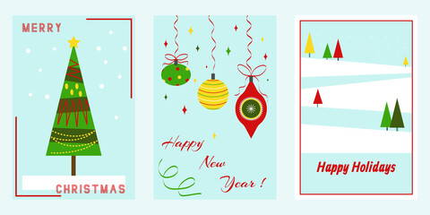 Christmas and New Year greeting cards concept. Retro style cards set.