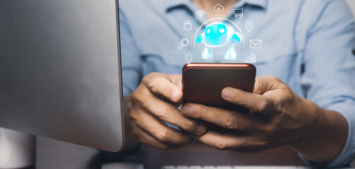 Man using mobile phone with digital chatbot for information and data online network. AI and robot intelligence, innovation and technology.