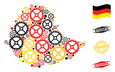 Repair service Ethiopia map collage and seals. Vector collage is composed from service elements in variable sizes, and Germany flag official colors - red, yellow, black.