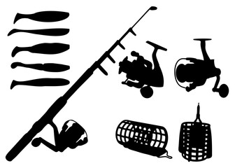 Fishing set. Reel and rod, feeder and bait for fish.