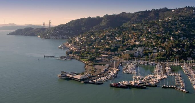 Aerial: town of Sausalito and marina. Marin, San francisco, USA