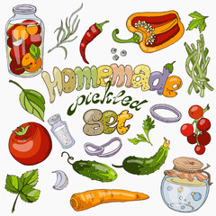 Canned vegetables and ingredients for cooking pickled food with a funny inscription. Vector set