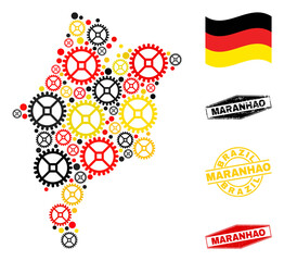 Repair service Maranhao State map collage and seals. Vector collage is designed from repair service elements in various sizes, and German flag official colors - red, yellow, black.