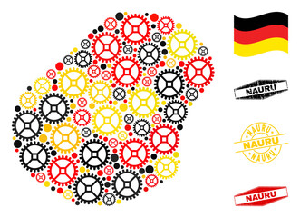 Service Nauru map collage and stamps. Vector collage formed of service icons in different sizes, and Germany flag official colors - red, yellow, black.