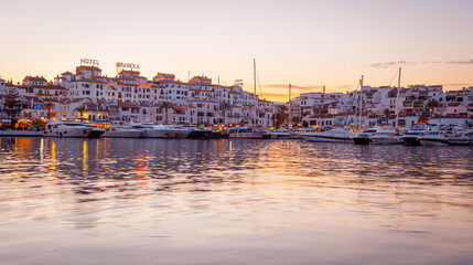 Luxury marina in Puerto Banus, Marbella at sunset.