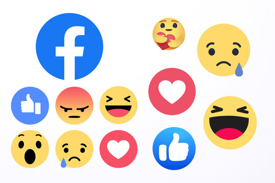 Facebook Like Button Empathetic Emoji Reactions With New Care Reaction, Printed On Paper