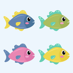Cute colorful cartoon fish set with big eyes. Sea life. Flat vector illustration