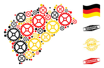 Workshop Segovia Province map collage and stamps. Vector collage composed with clock gear icons in various sizes, and German flag official colors - red, yellow, black.