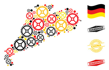 Mechanics Guangdong Province map collage and stamps. Vector collage designed of repair workshop elements in different sizes, and Germany flag official colors - red, yellow, black.