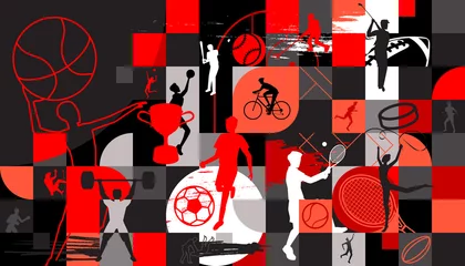 Foto op Aluminium Vector illustration of sports abstract background design with sport players in different activities. football, basketball, baseball, badminton, tennis, rugby, bicycling, golf © Manovector