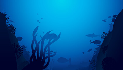 Naklejka na ściany i meble Vector illustration of underwater world scene with coral reefs and shark in the deep blue ocean .