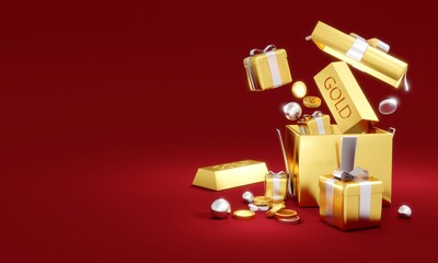 3D Rendering concept of treasury. Golds, golden coins, presents on red background with space for text for commercial design. 3D Render.