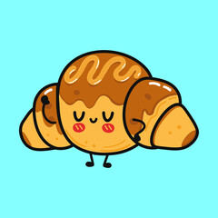 Cute funny croissant character. Vector hand drawn cartoon kawaii character illustration icon. Isolated on blue background. Сroissant character concept