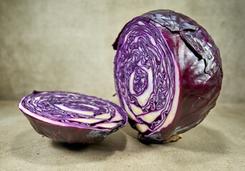 Red cabbage sliced in half 