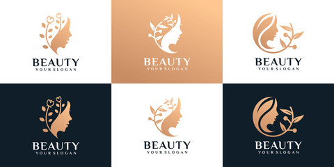 Fototapeta na wymiar Set of beauty golden woman face with nature spa fashion boutique concept