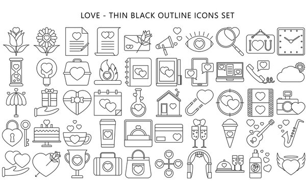 Love icons set in thin black outline style, modern minimalist pictograms for mobile UI or UX kit, infographics and web sites. include heart, cupid, flower. EPS 10 ready convert to SVG.