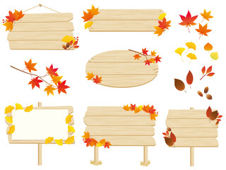 秋の植物と木の看板のフレームセット　Autumn Plants and Signs Vector Art