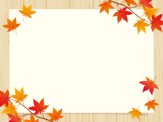 Naklejka na ściany i meble 木の板と紅葉の背景　Wooden Board and Autumn Plants Background